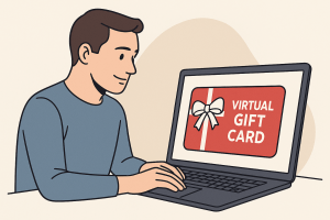 Man looking at gift card on computer.
