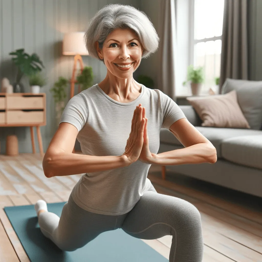 older white woman working out at home.