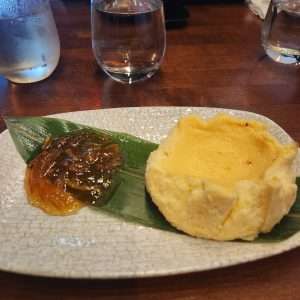 Cheesecake with orange sauce at Omakai in Miami Florida