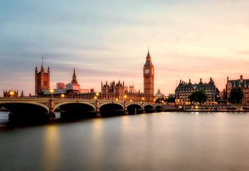 Scenic view of Big Ben and Westminster Bridge over the Thames River at sunset in London, UK.
