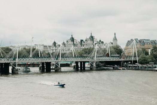 Scenic view of London with the River Thames and prominent structures under a cloudy sky.