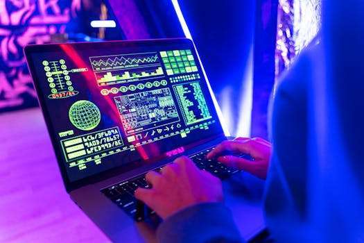 Person typing on a laptop with vibrant digital data display, highlighting cyber security.