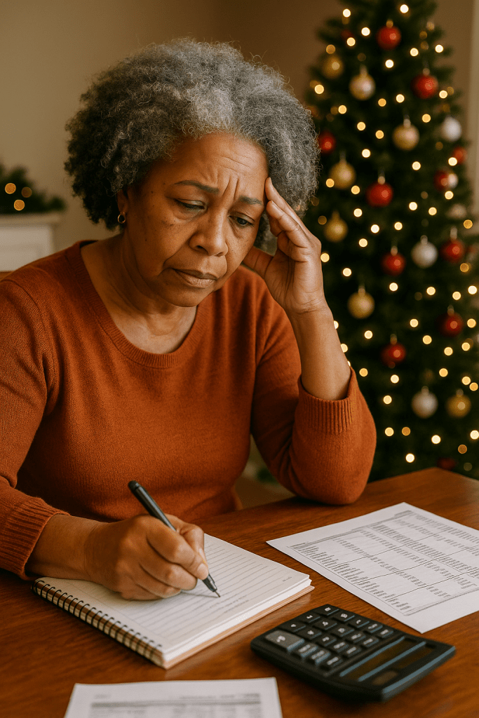 Older lady budging for Christmas. 